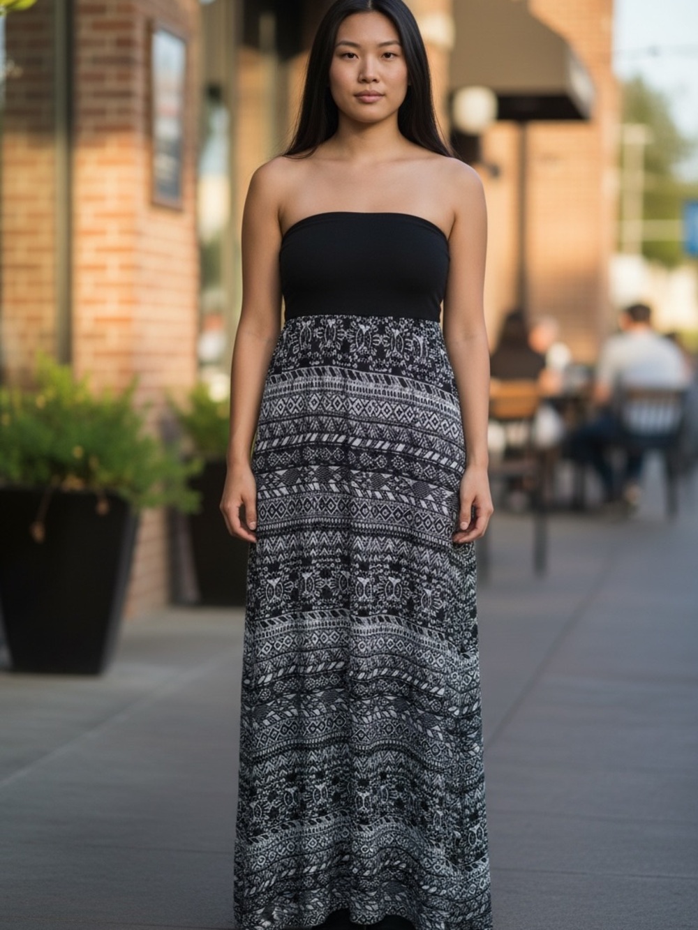 Wet Seal Black Strapless Maxi Dress with Printed Skirt